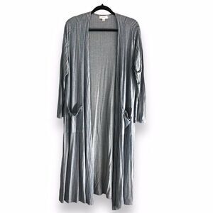 Lularoe‎ Sarah Size Medium Duster Cardigan Gray Teal Stripe Pockets Long Sleeve